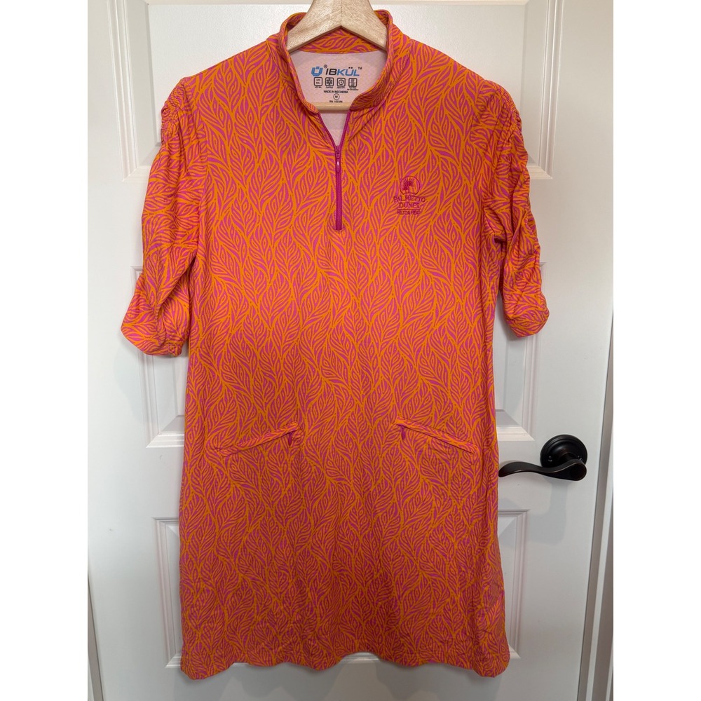 IBKUL Womens Golf Dress Orange Pink Leaf Print UPF 50+ Palmetto Dunes Medium